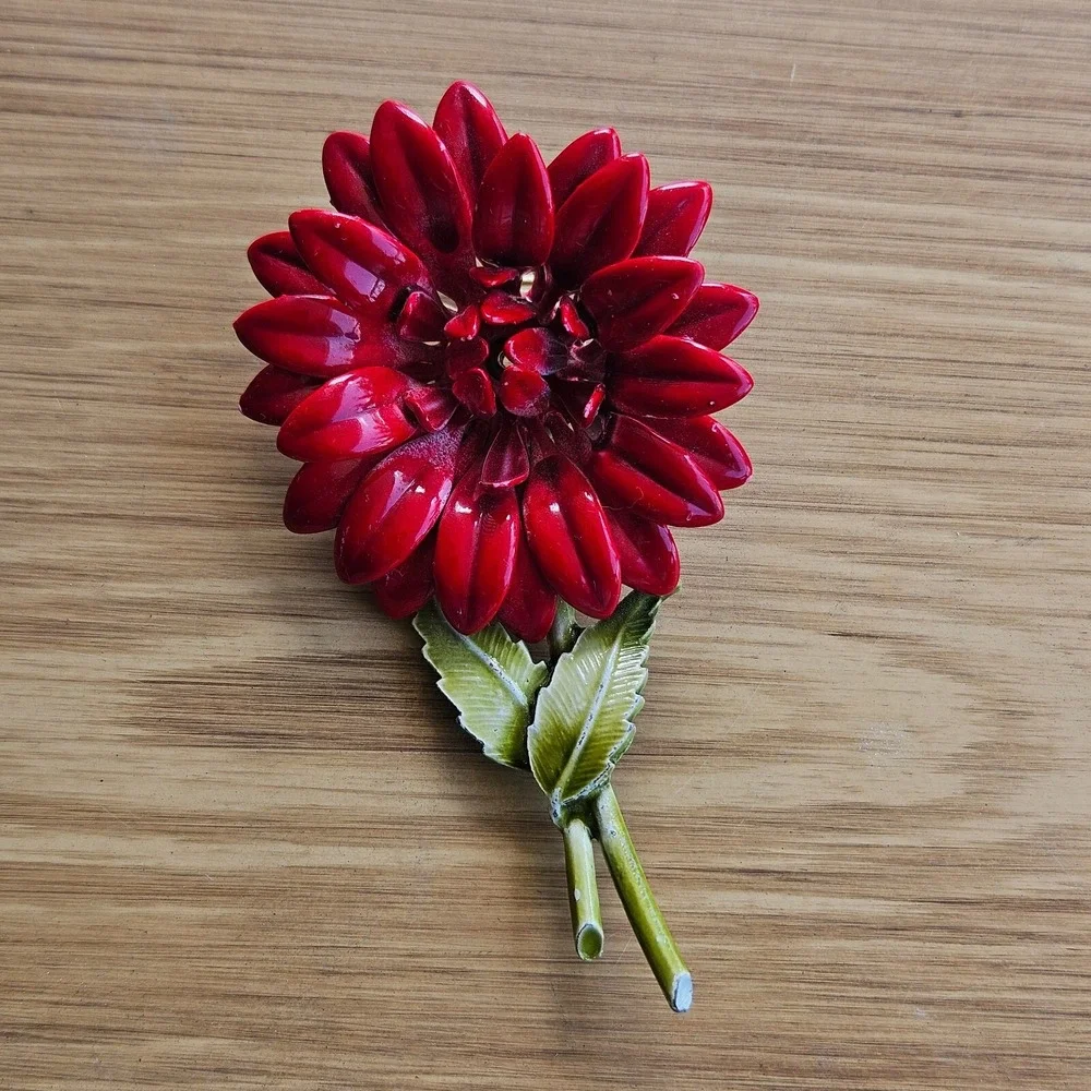Vintage Red Enamel Painted Flower On Stem Brooch Pin‎ 3.54